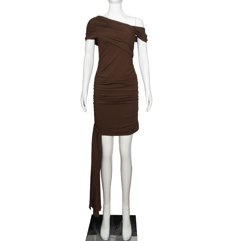 Women Slash Shoulder Off-The-Shoulder Pleated Solid Bodycon Dress 6