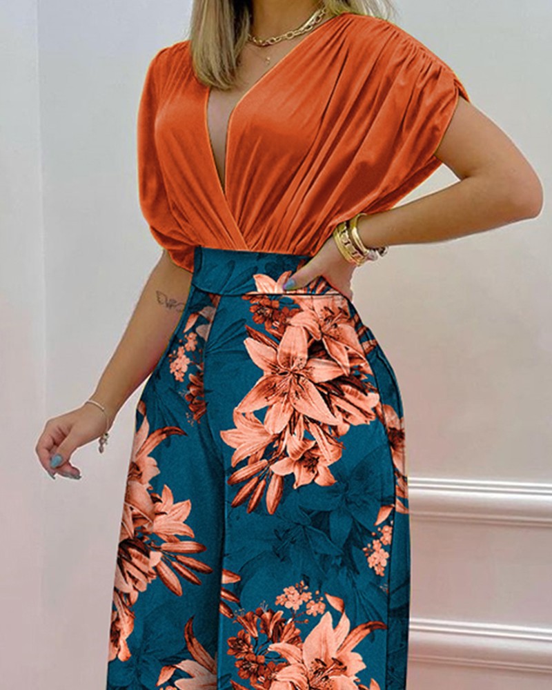 Women's Spring Summer Solid Bat Sleeves Top Print Wide Leg Pants Two-Piece Set 15