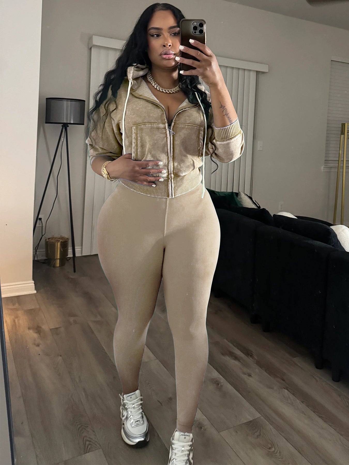 Fashion Women's Washed Zipper Hooded Top Yoga Pants Sport Casual Two-Piece Set 32