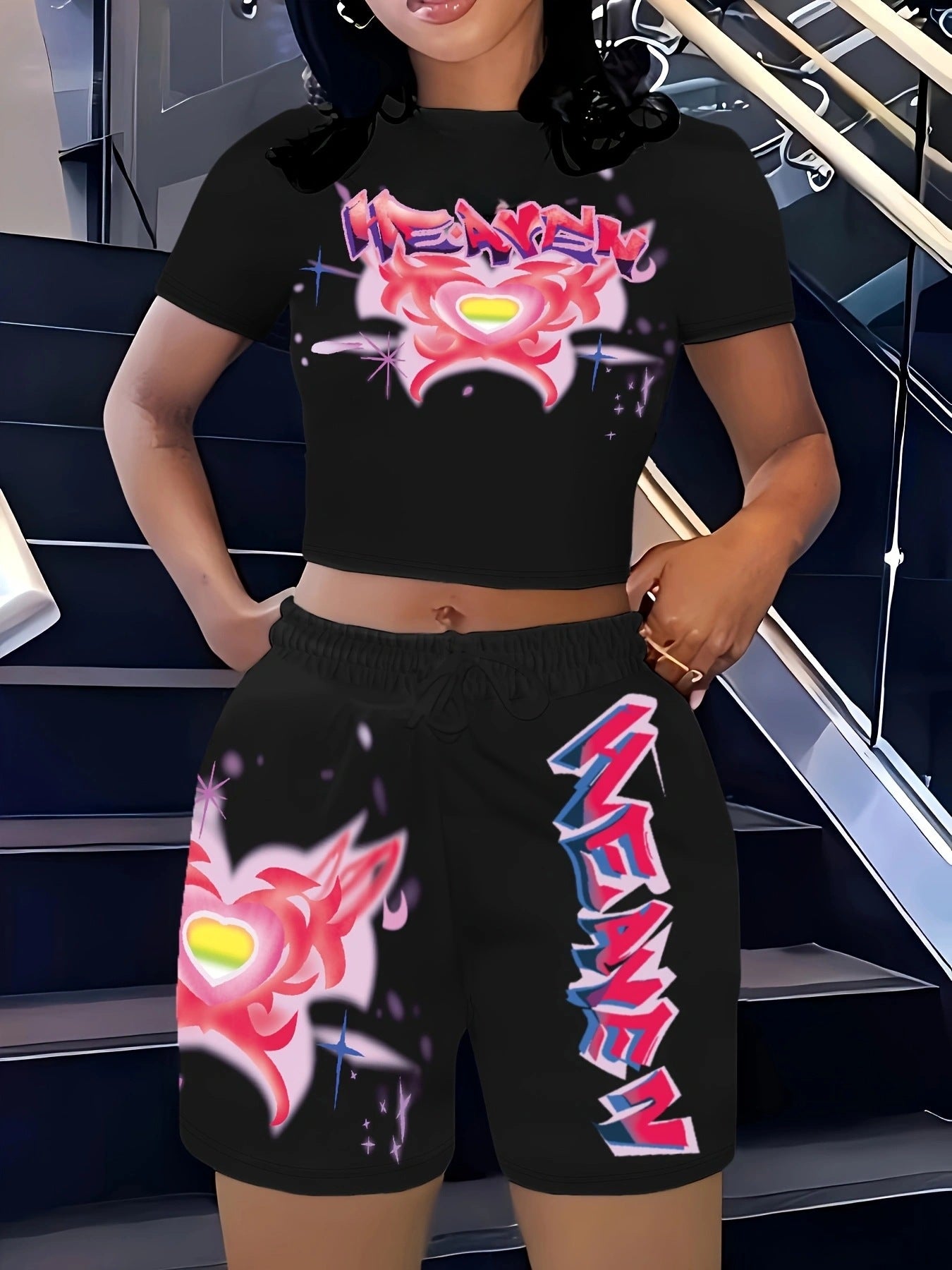 Summer Printed Loose Casual Two Piece Shorts Set 5