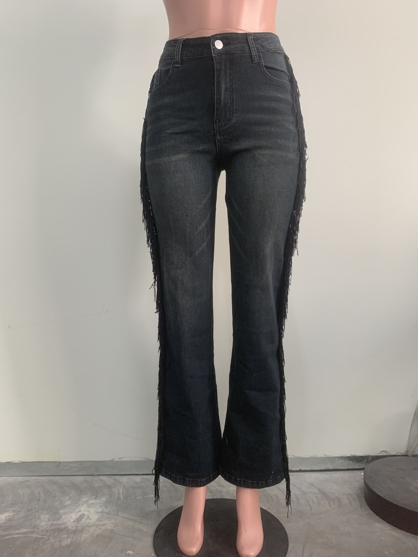 Women's Fashion Fringe High Waist Straight Denim Pants 8