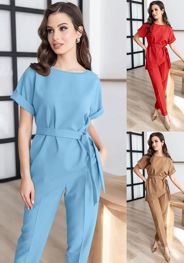 Career Women's Round Neck Short Sleeve Belt Top Set Long Pants Fashion Casual Two Piece Set