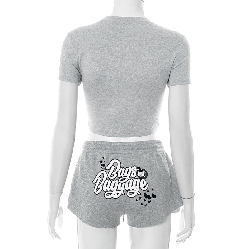 Women's Letter Print Short-Sleeved T-Shirt Top Drawstring Ultra-Shorts Two-Piece Set 8