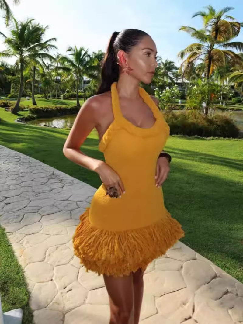 Autumn and Winter Braided Twist Rope Strap Tassel Short Dress