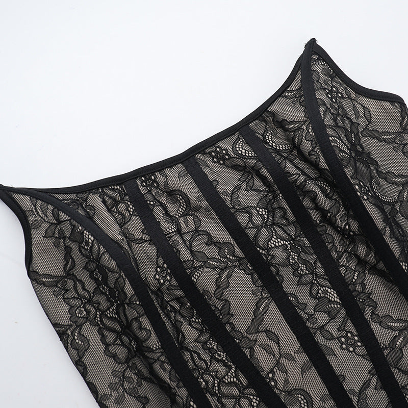 Women Fishbone Slim Waist Lace Strapless Dress 9