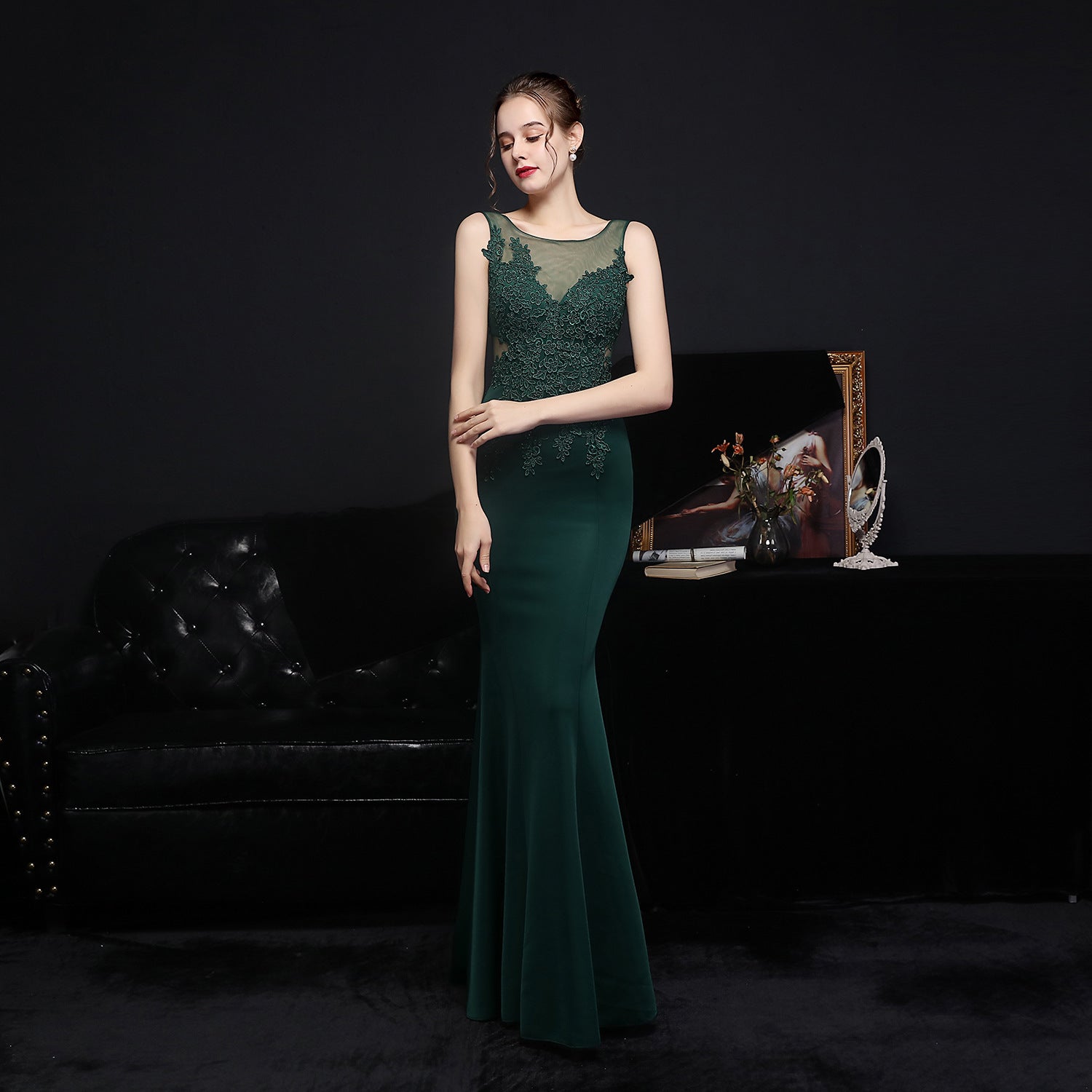 Women Lace Rhinestone Fishtail Evening Dress 14
