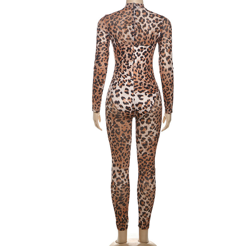 Women Spring Summer Sexy Mesh Leopard Bodycon Jumpsuit 5