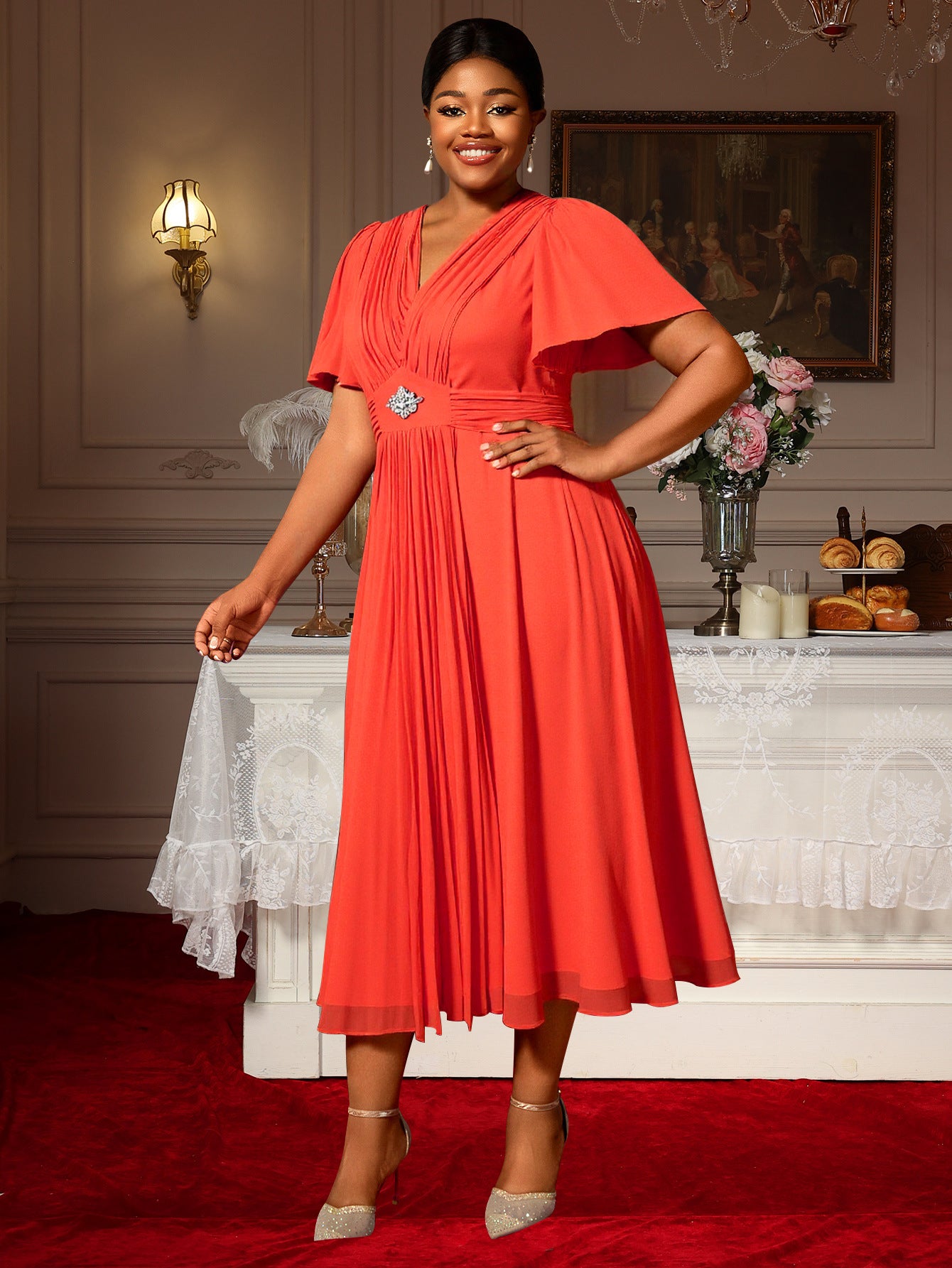 Plus-Size Women Chiffon V-Neck Gathered Short Sleeve Orange Dress 4