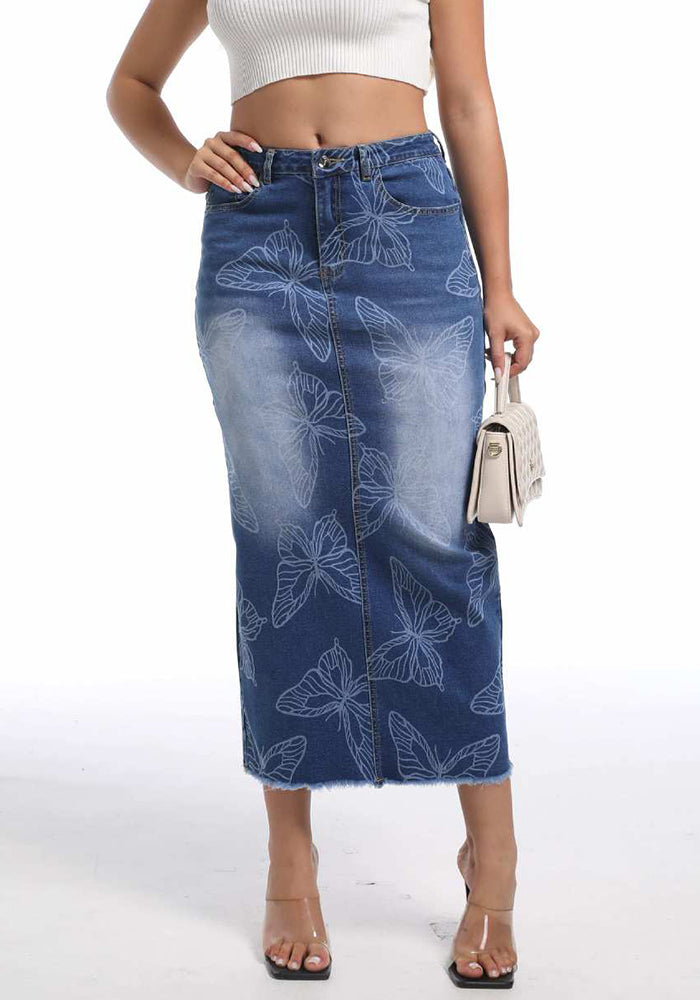 Women Printed Denim Bodycon Skirt