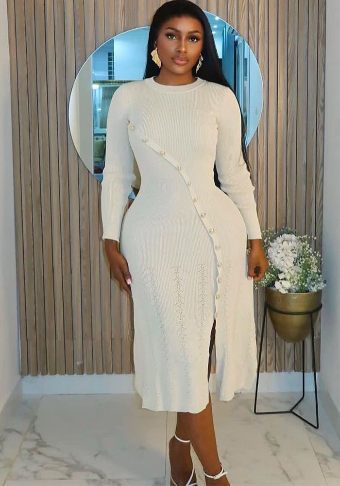 Women Fall French Elegance Metal Button Ribbed Knitting Dress