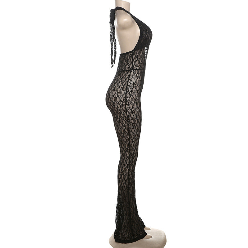 Women Fall Sexy Halter Neck V-Neck Lace See-Through Lace-Up Backless Jumpsuit 8