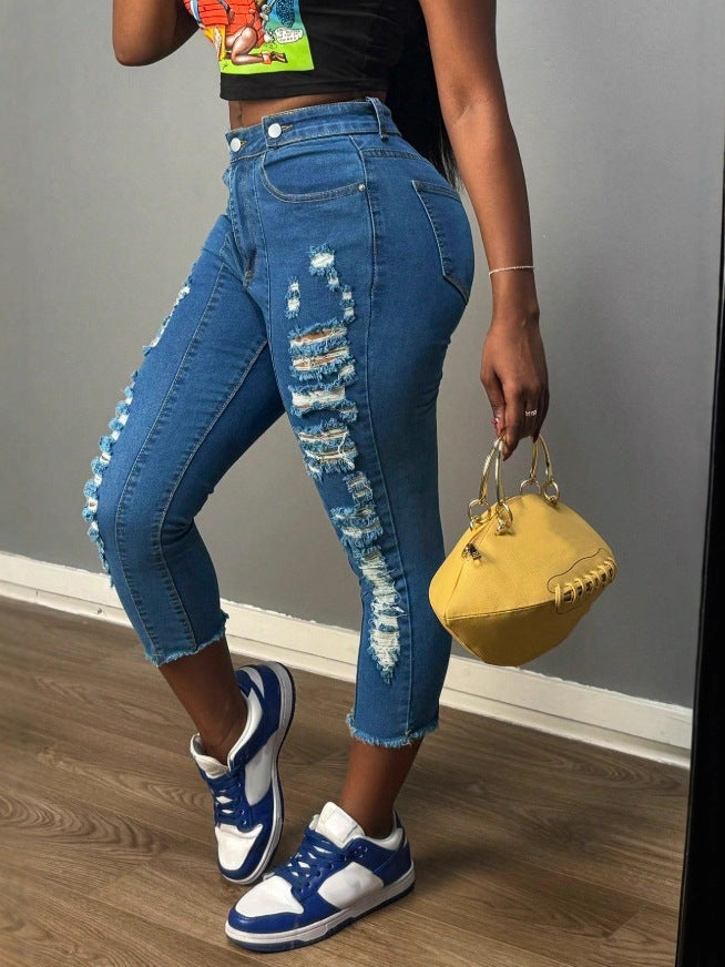 Women Ripped Fringed Denim Capri Pants