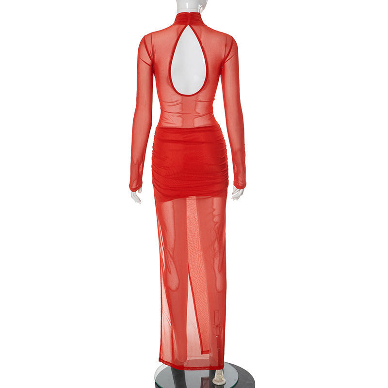 Women's Sexy Cross Patchwork See-Through Mesh Red Round Neck Slim Long Dress 5