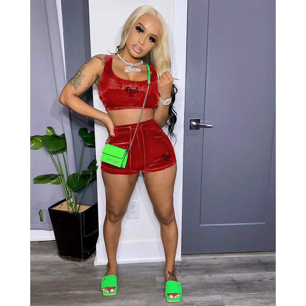 Women Clothes Print Velvet Crop Tank Top Shorts Two Piece Set 4