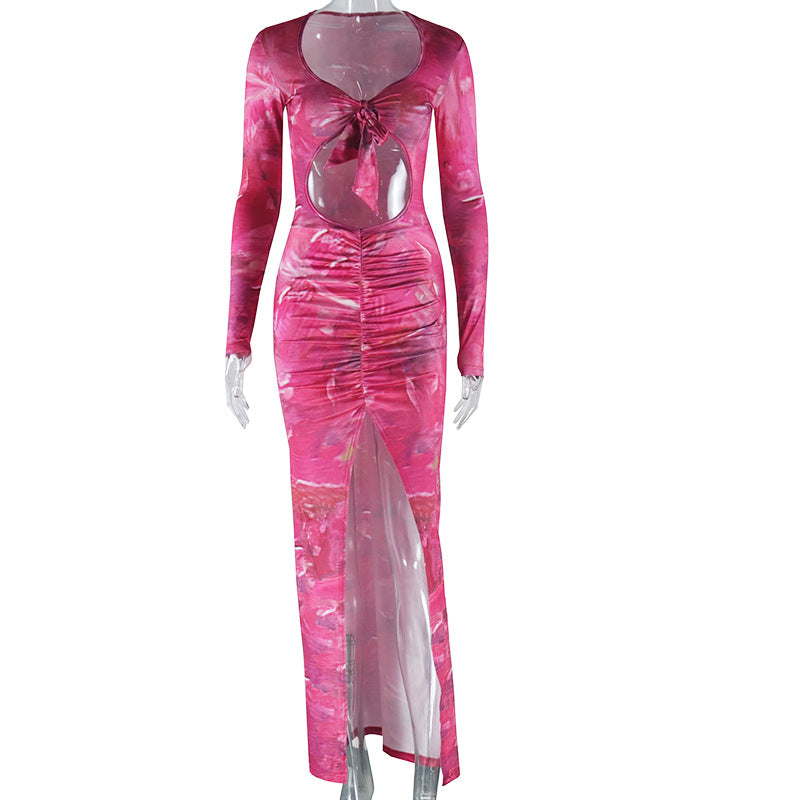 Women's Fashion Printed Sexy Hollow Long Sleeve Split Trendy Dress 6