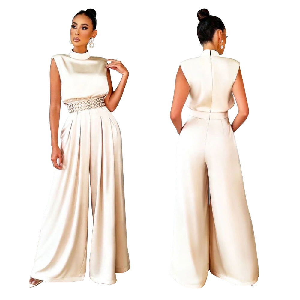 Women's Fashion Wide Leg Pants Solid Color Turtleneck Sleeveless Slim Waist Jumpsuit 7