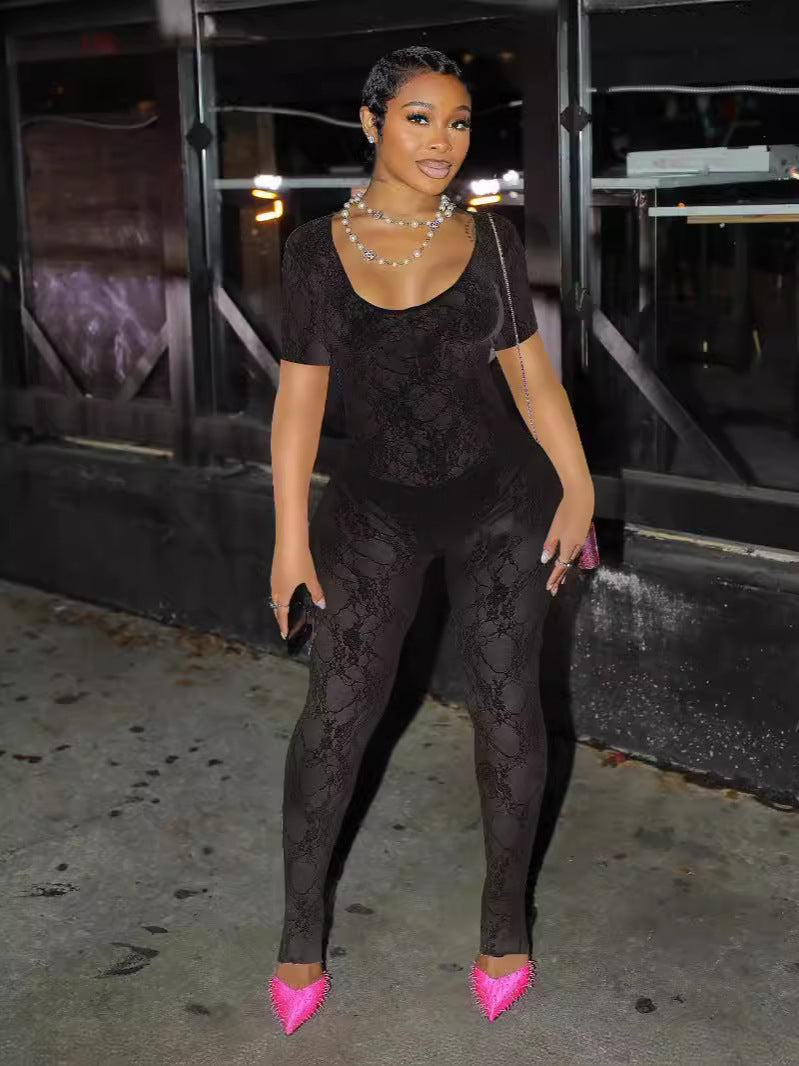 Women's Summer Lace Short Sleeve Low Back Sexy Nightclub Jumpsuit 3