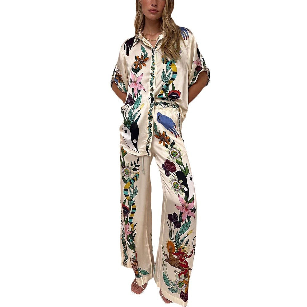 Summer Women Loose Printed Shirt Trousers Two-piece Set 8
