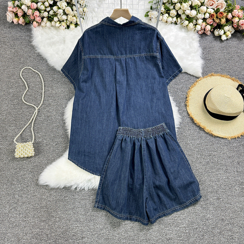 Summer Loose Short-Sleeved Denim Shirt Wide-Leg Shorts Casual Trendy Two-Piece Set 4