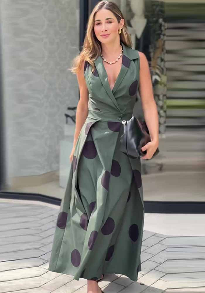 Women Summer V-Neck Sleeveless Belted Elegant Dress