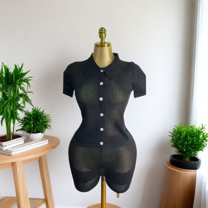 Women Summer Round Neck Hollow Crochet Short Sleeve Knitting Top and Shorts Two-piece Set 5