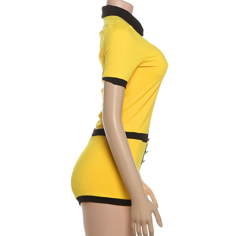 Summer Women's Short-Sleeve Turndown Collar Top with Bodycon Shorts Set 29