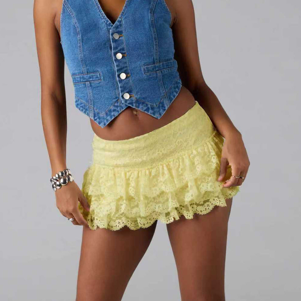 Women Sexy Layered Solid Lace Short Skirt 6