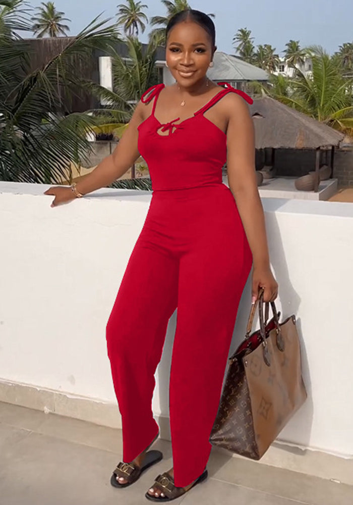 Spring Summer Women's Fashion Sexy Casual Women's Straps Lace-Up Solid Color Jumpsuit