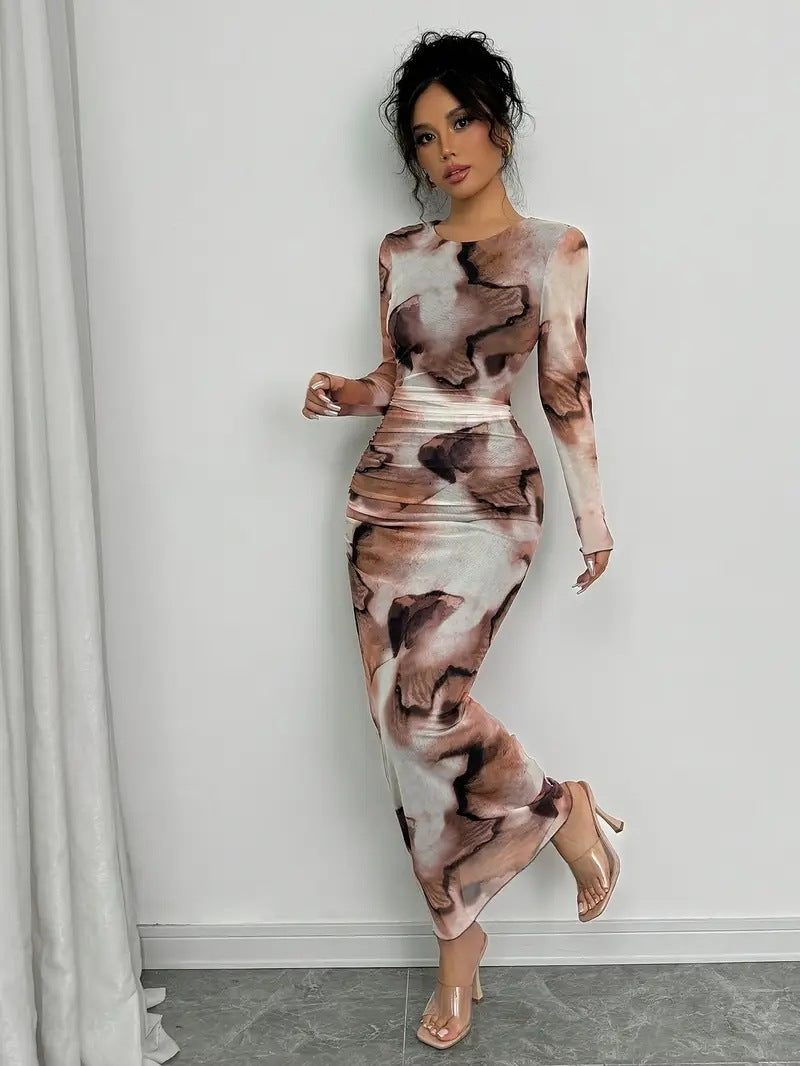 Women Spring/Autumn Printed American Style Long-Sleeved Maxi Dress 4