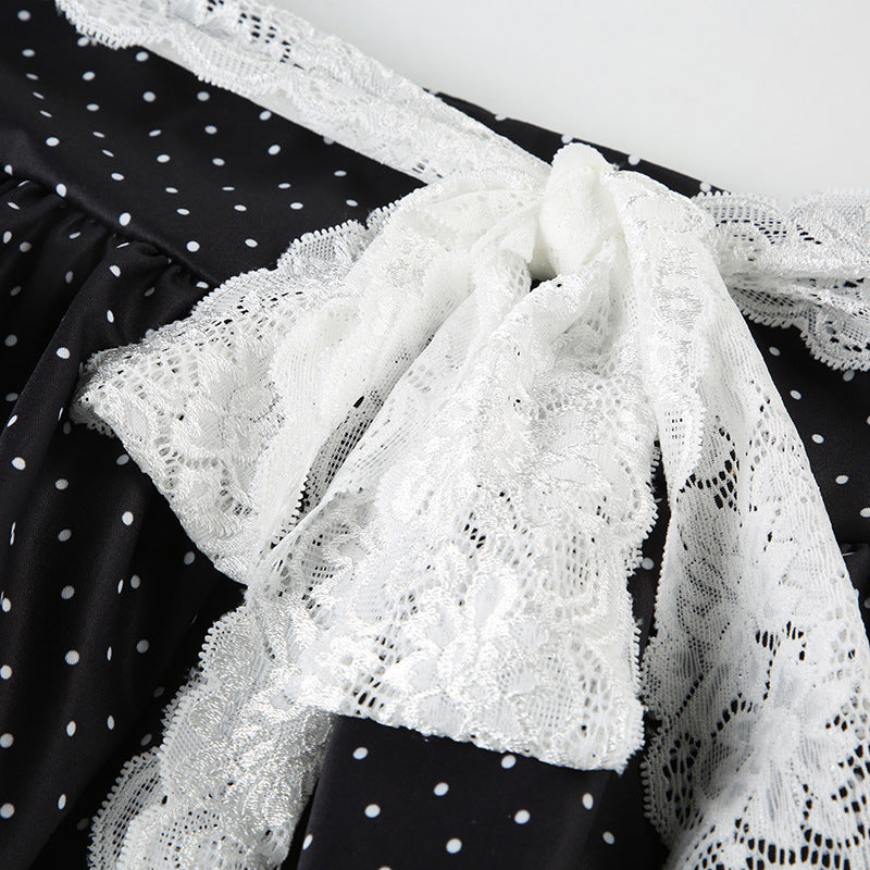 Women Summer French Lace Polka Dot Contrast Flower Bud Mini Dress 29
