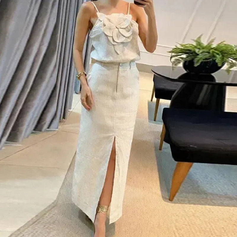 Women's Floral Strappy Top & Skirt Chic Linen Set 3
