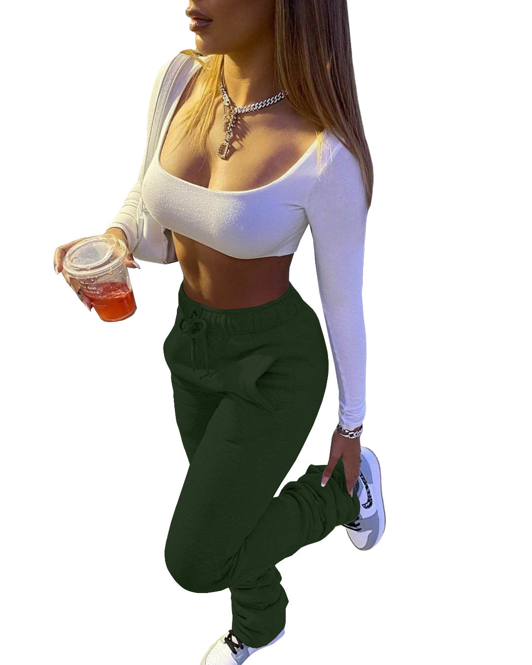 Women Fleece Sports Casual Drawstring Pockets Stacked Pant 9