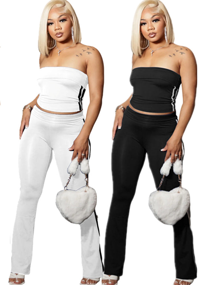 Women's Solid Color Sexy Strapless Top & Casual Pants Two Piece Set