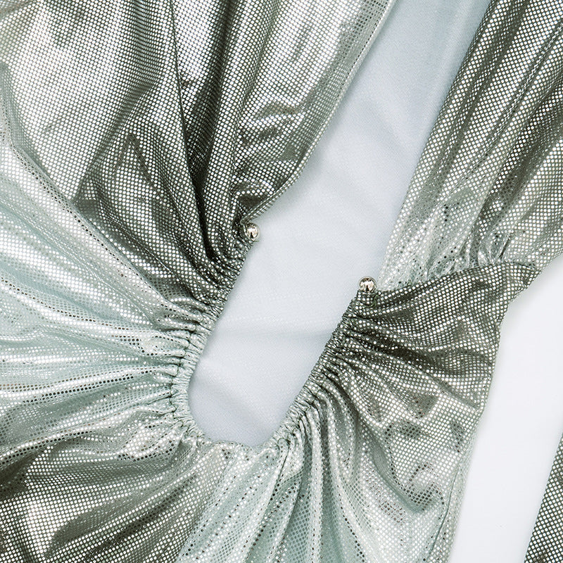 Women Glossy V-Neck Slit Ribbon Dress 12