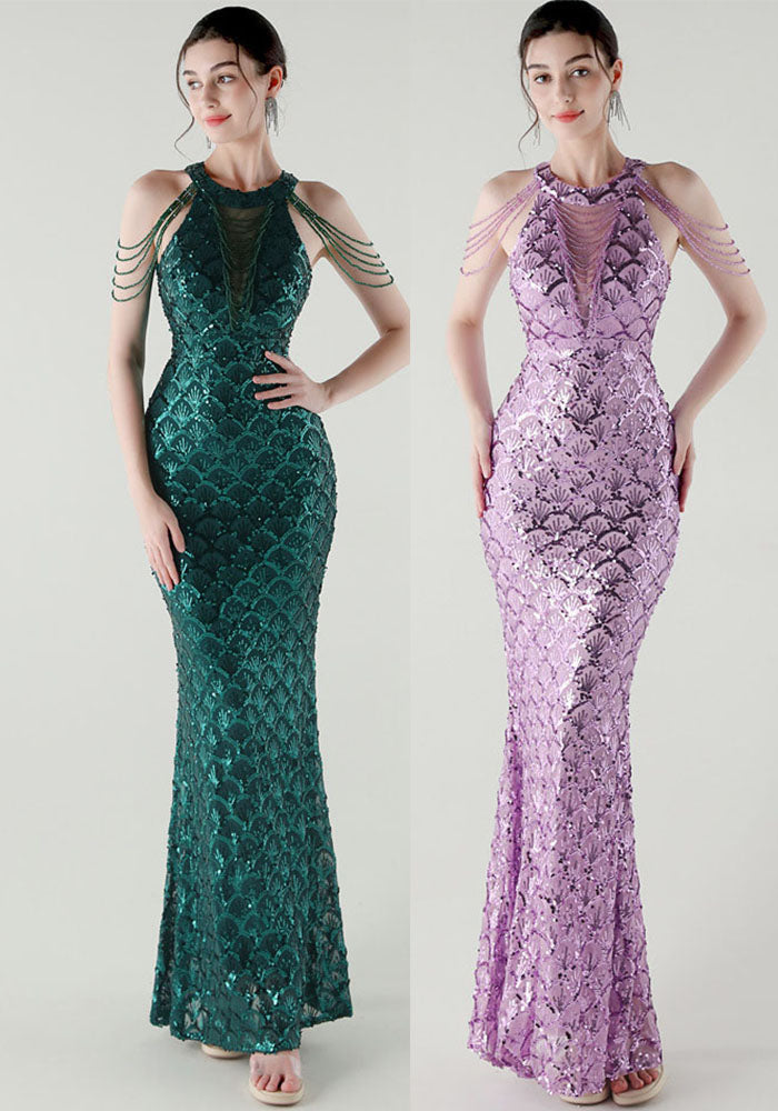 Round Neck Hollow Chain Fishtail Sequin Dress Luxury Formal Party Gown