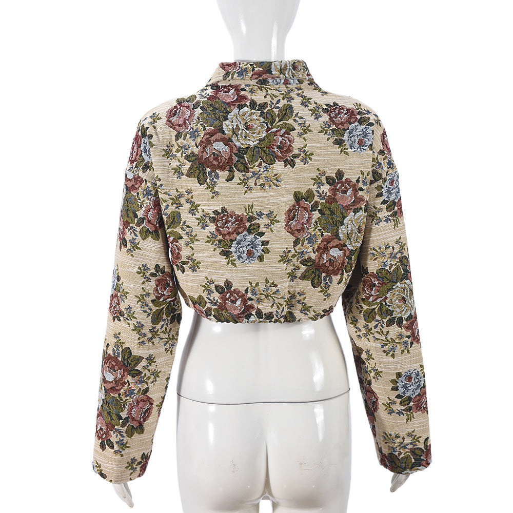 Autumn Crop Drawstring Flower Jacquard Long-Sleeved Women Jacket 7