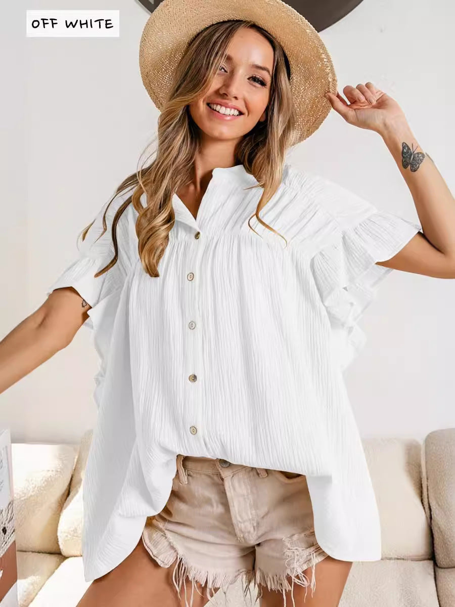 Summer Women's Fashion Stand Collar Ruffle Sleeve Casual Top 10