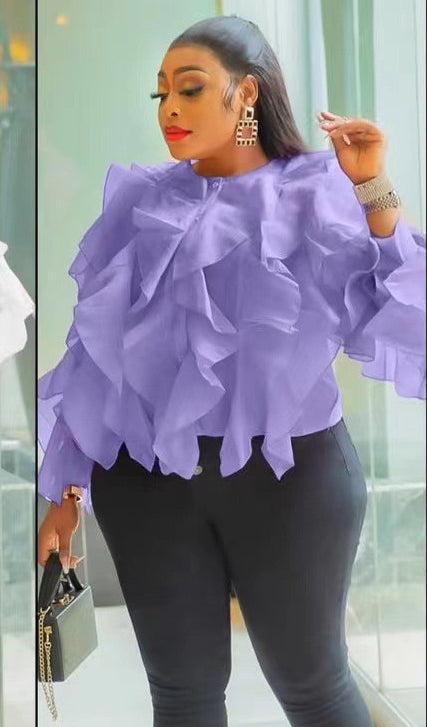 Women Round Neck Irregular Lotus Long Sleeve Casual Top Shirt 5