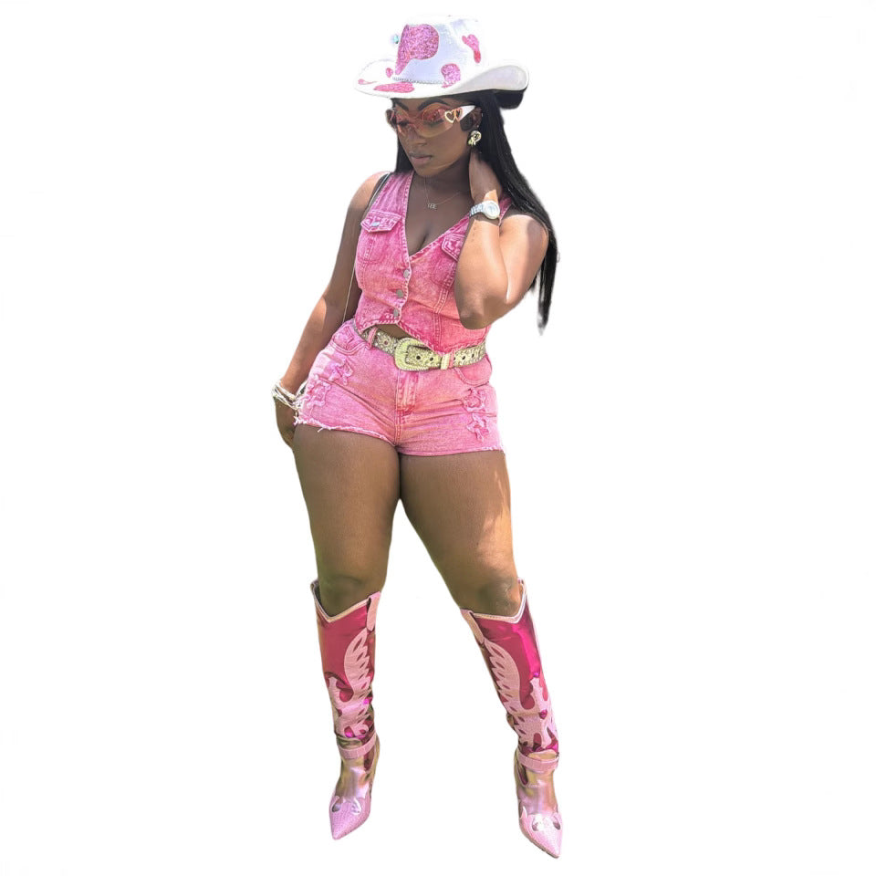 Stretch Denim Embroidered Vest Shorts Suit For Women 5