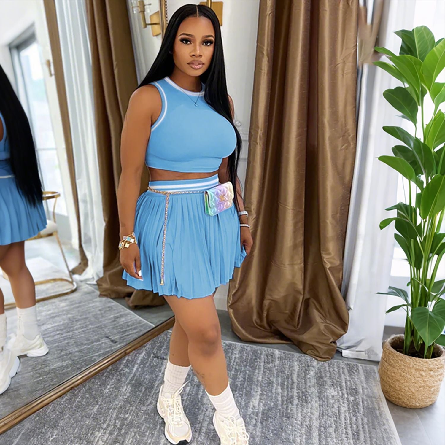 Women Sleeveless Crop Top and Casual Pleated Skirt Two-Piece Set