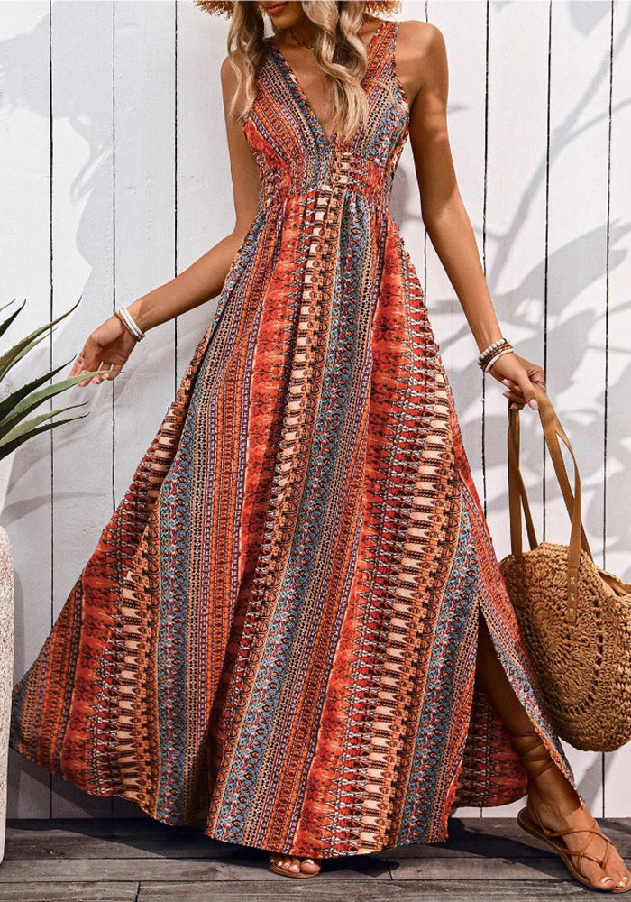 Women Summer Holidays V Neck Print Sleeveless Dress