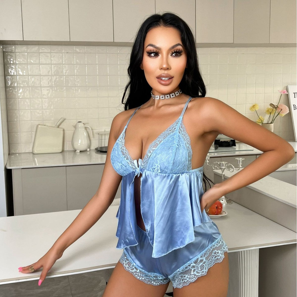 Lace Strap Pajama Shorts Set V-Neck Loungewear Set 4