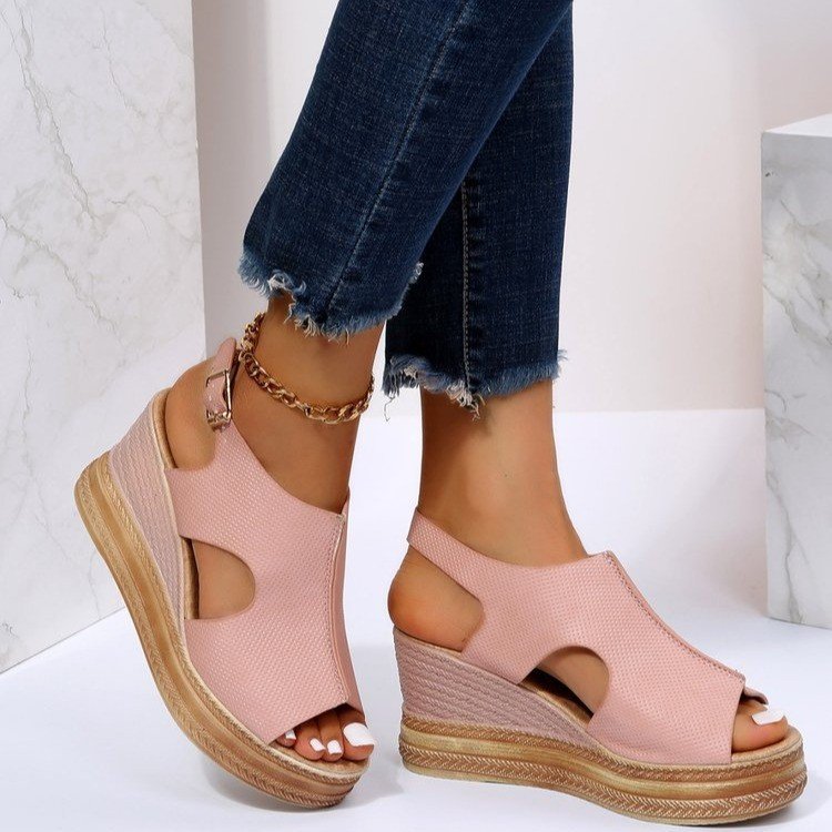Women Summer Peep-Toe Wedge Open Toe Buckle Strap Roman High Heel Sandals 5