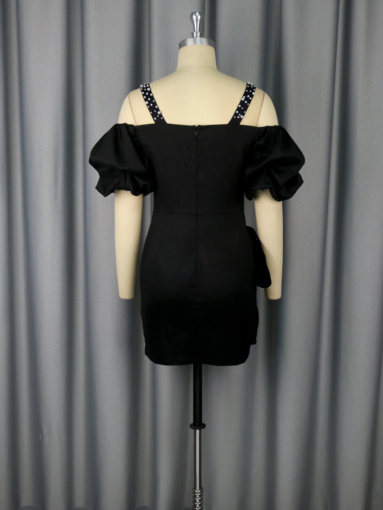 Sexy Off Shoulder Puff-Sleeve Beaded Black Party Mini Dress 6
