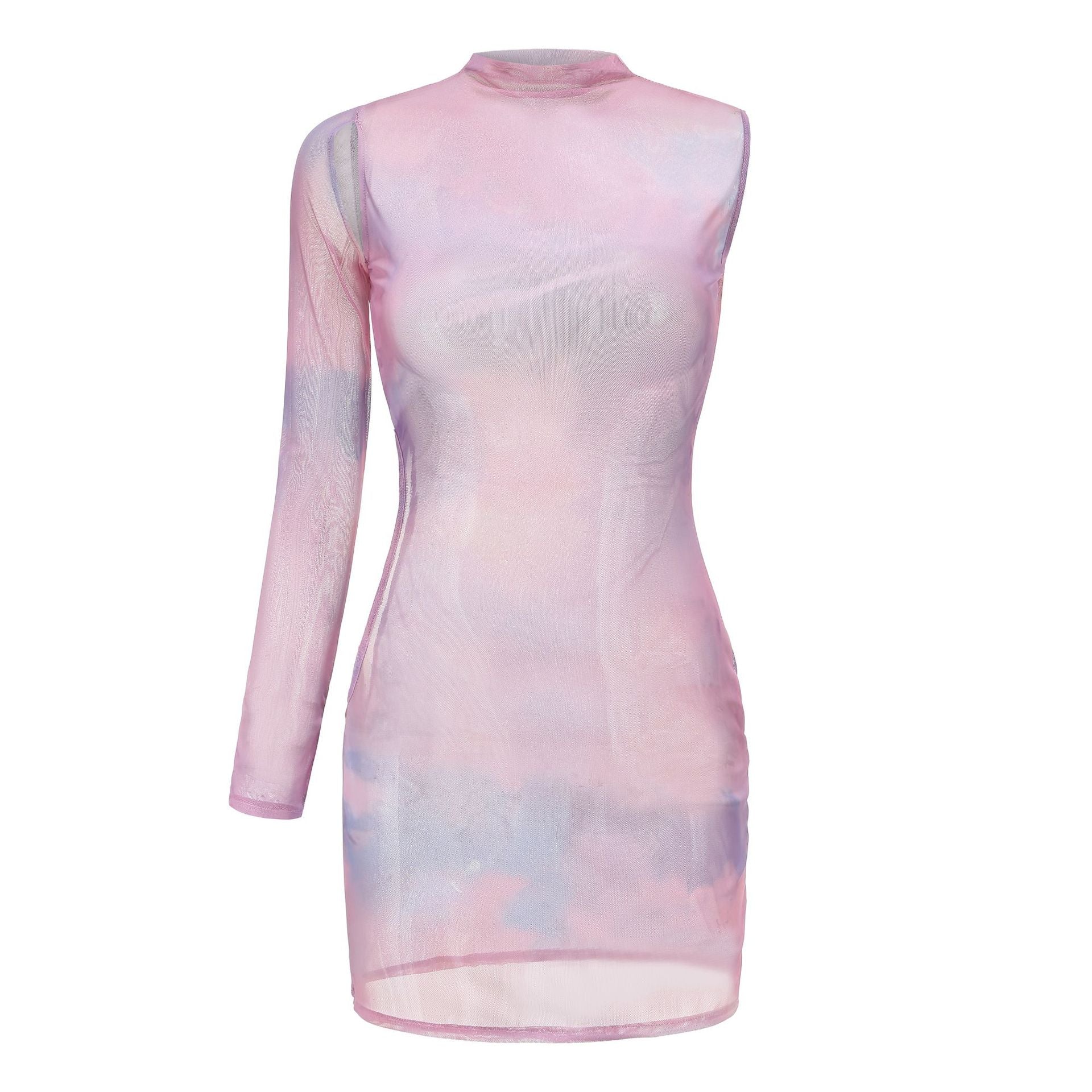 Women Spring Printed Mesh See-Through Hollow Round Neck Single Sleeve Dress 17