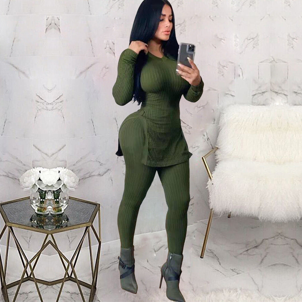 Women slit Ribbed sexy Top and Pant two-piece set 3