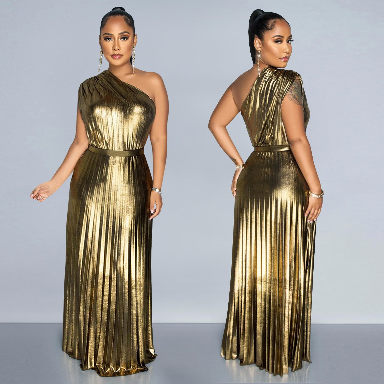 Women Elegant Shiny Slash Shoulder Sleeveless Solid Dress