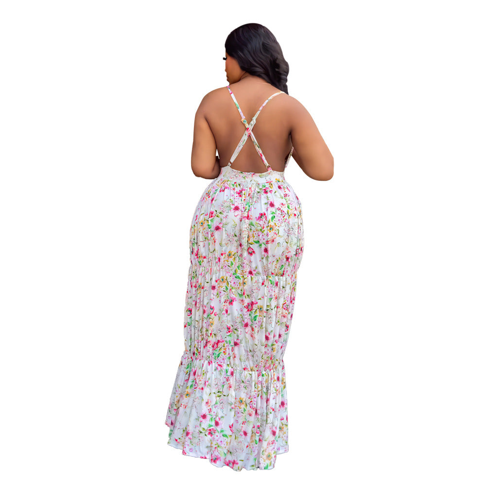 Sleeveless V-neck Low Back Printed Slim Dress Versatile Women's Strap Dress 6
