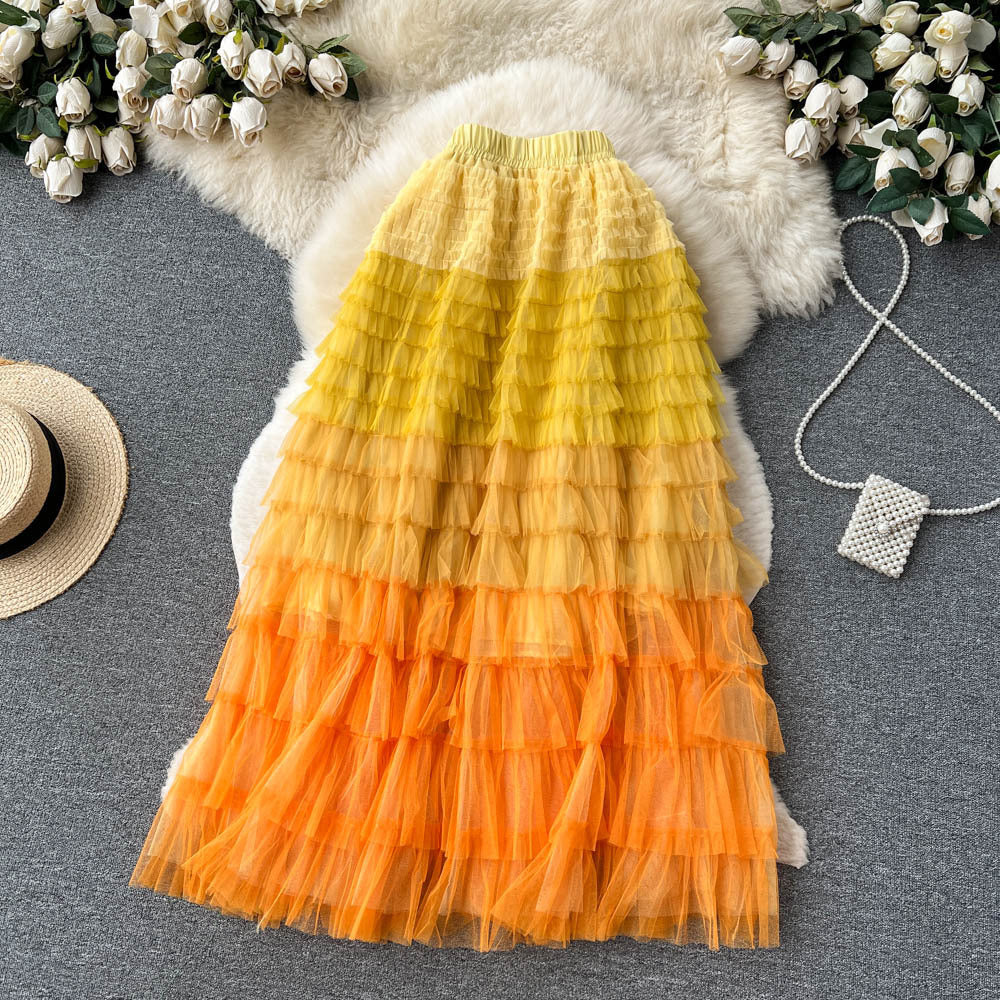 Women  Irregular Gradient Cascading Ruffles Puffy Mesh Skirt 38