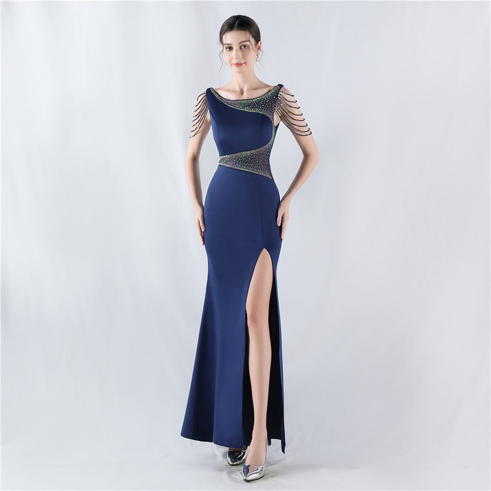 Women Beaded See-Through Mesh Split Evening Dress 17